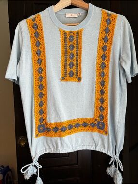 Tory Burch Vintage Boho Embroidered Knit Top Crochet Trim Tassel Detail Small